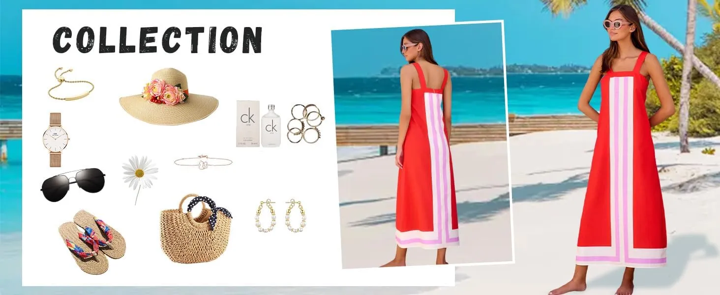 2025 Women's Bohemian Striped Summer Dress-Color Block Square Neck Loose Long Beach Cover Up Casual Sundress,Vacation Travel