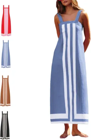 2025 Women's Bohemian Striped Summer Dress-Color Block Square Neck Loose Long Beach Cover Up Casual Sundress,Vacation Travel