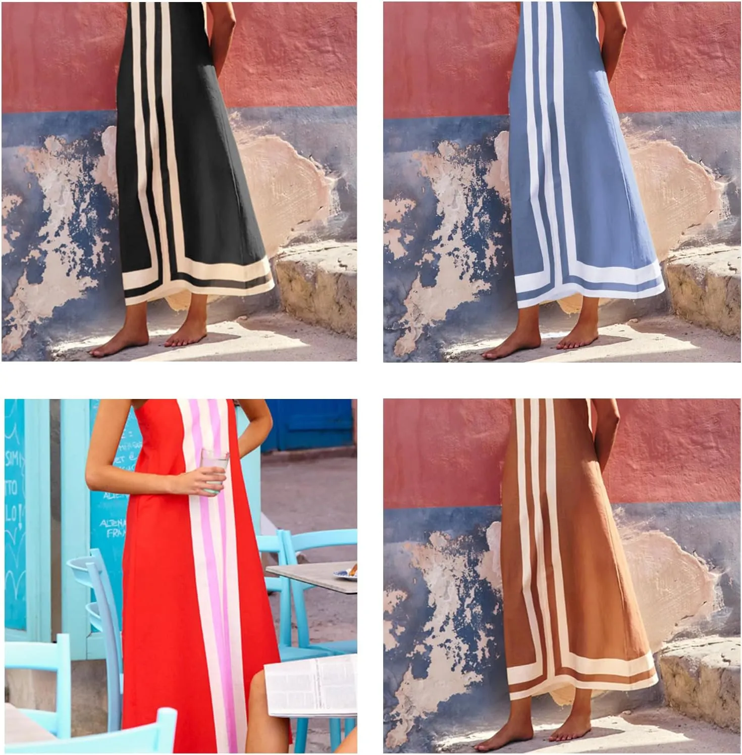 2025 Women's Bohemian Striped Summer Dress-Color Block Square Neck Loose Long Beach Cover Up Casual Sundress,Vacation Travel
