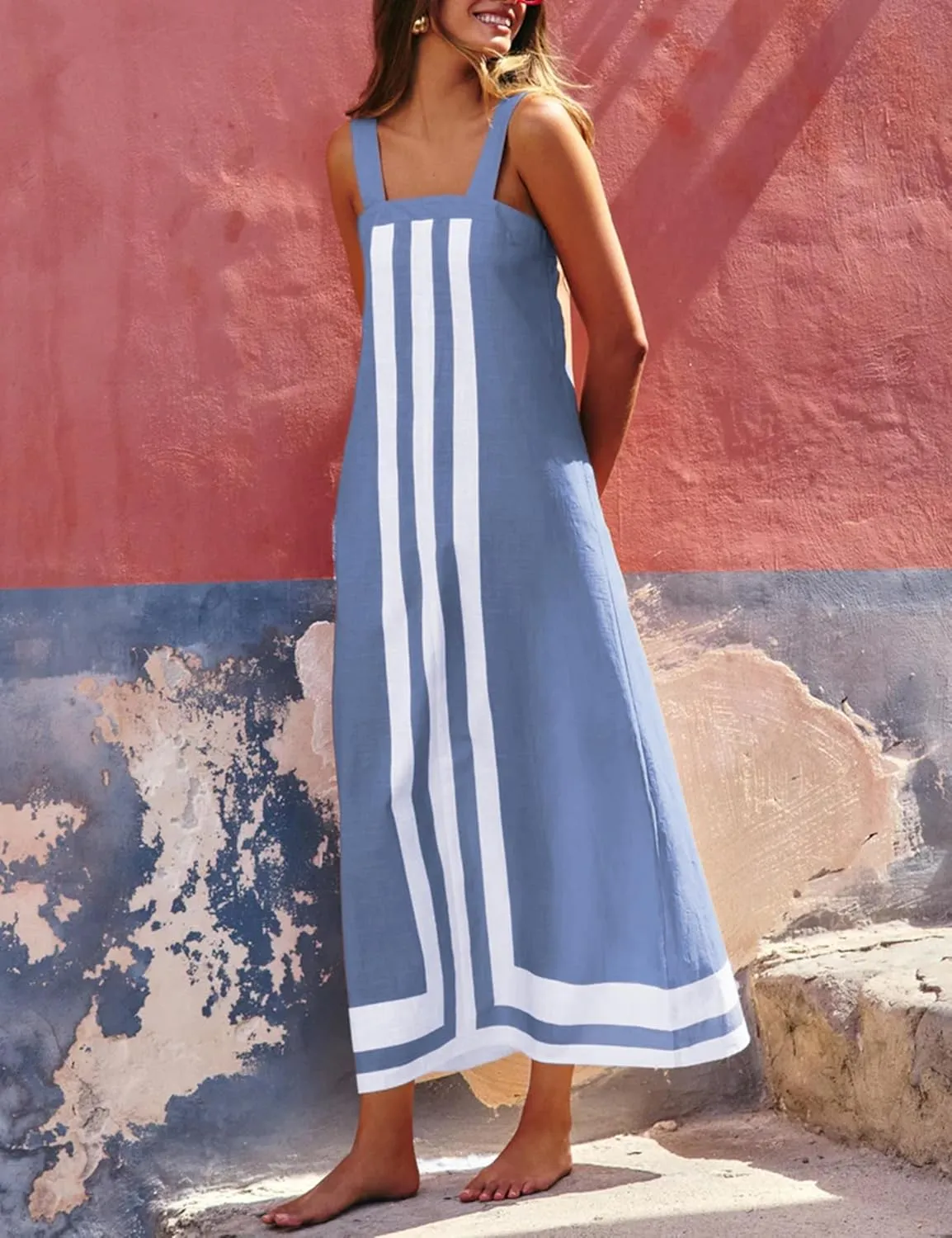 2025 Women's Bohemian Striped Summer Dress-Color Block Square Neck Loose Long Beach Cover Up Casual Sundress,Vacation Travel