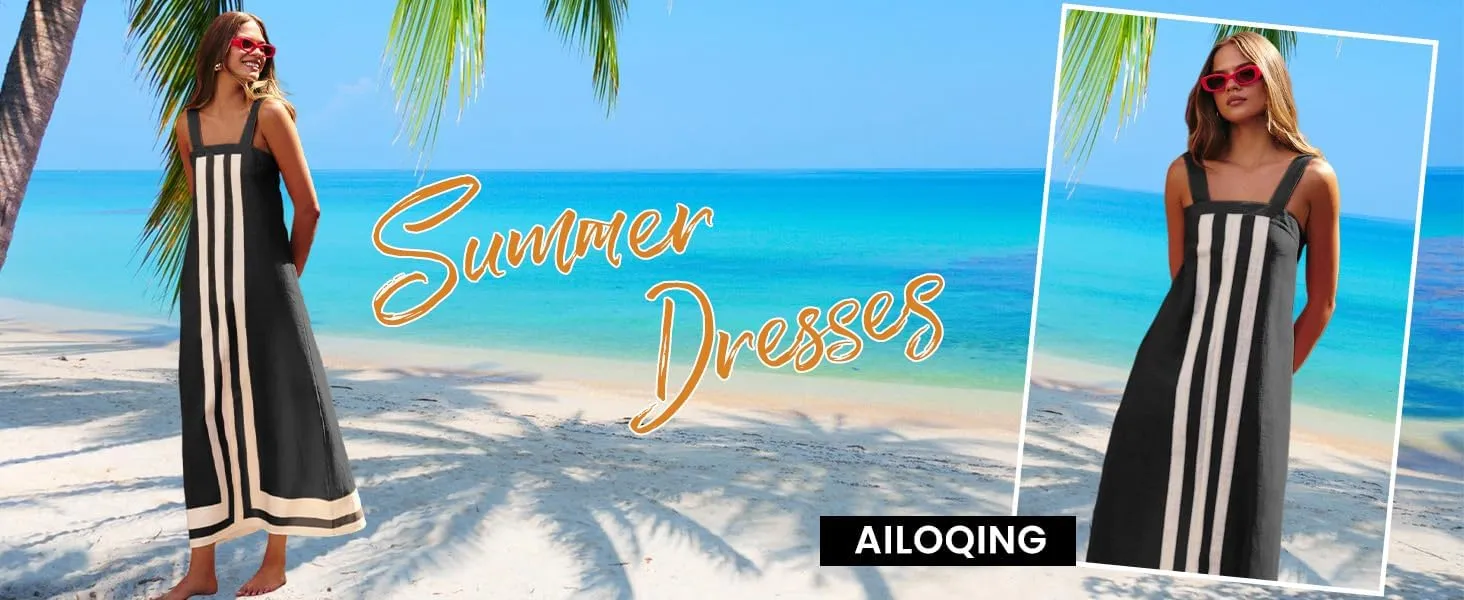 2025 Women's Bohemian Striped Summer Dress-Color Block Square Neck Loose Long Beach Cover Up Casual Sundress,Vacation Travel
