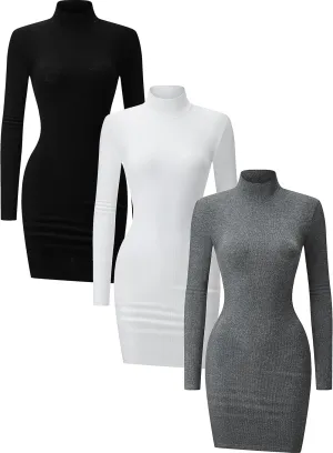 3 Pack Long Sleeve Dress for Women Turtleneck Crew Neck Slim Fit Fall Dresses Bodycon Mini Short Dresses