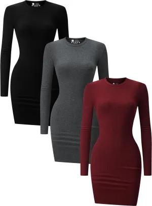 3 Pack Long Sleeve Dress for Women Turtleneck Crew Neck Slim Fit Fall Dresses Bodycon Mini Short Dresses