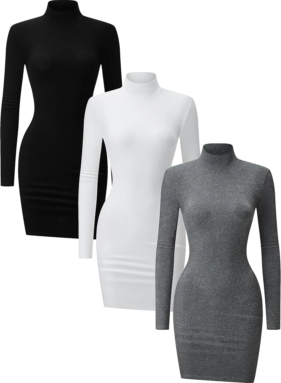 3 Pack Long Sleeve Dress for Women Turtleneck Crew Neck Slim Fit Fall Dresses Bodycon Mini Short Dresses