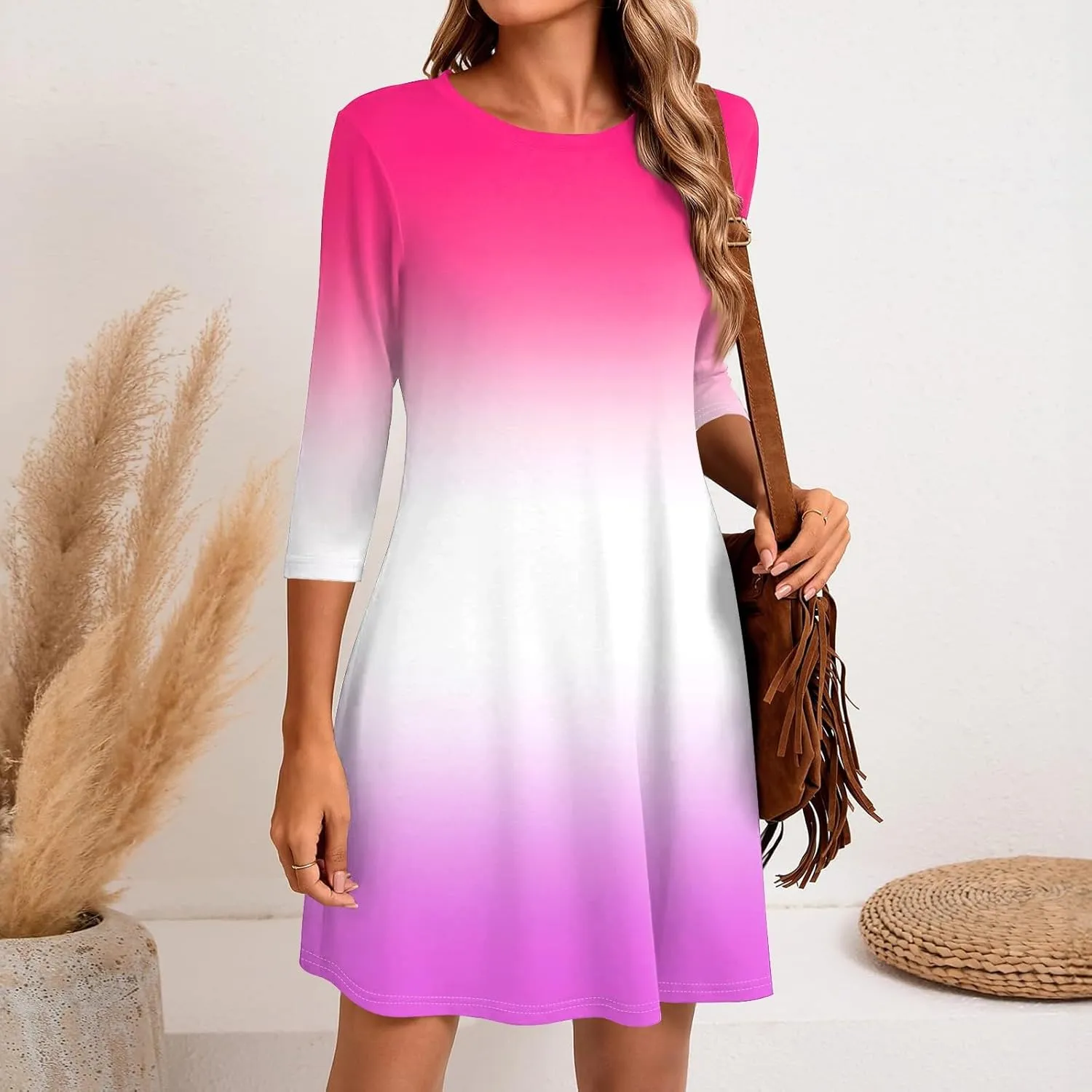3/4 Sleeve Dress for Women T-Shirt Dresses Casual Crewneck Loose fit Swing Tunic Dresses Fall