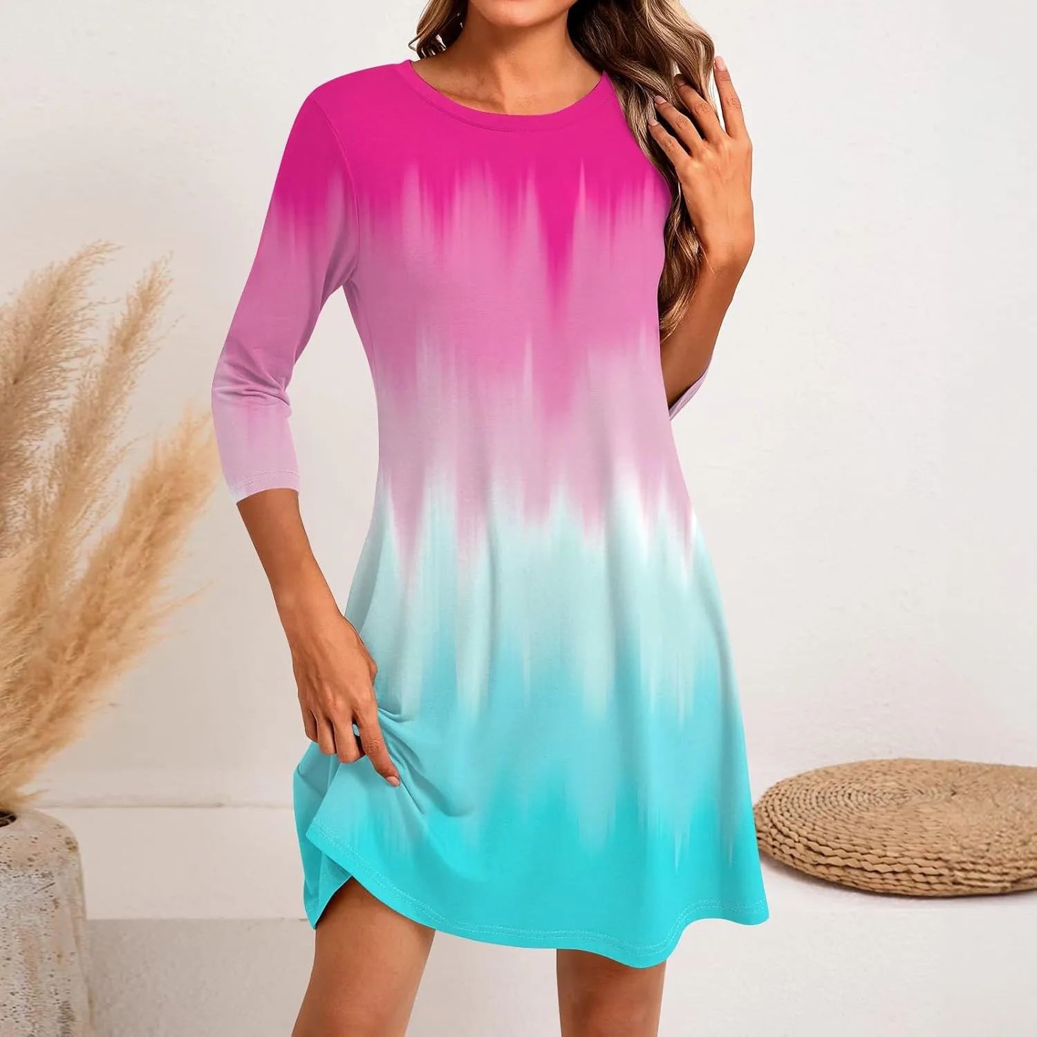 3/4 Sleeve Dress for Women T-Shirt Dresses Casual Crewneck Loose fit Swing Tunic Dresses Fall
