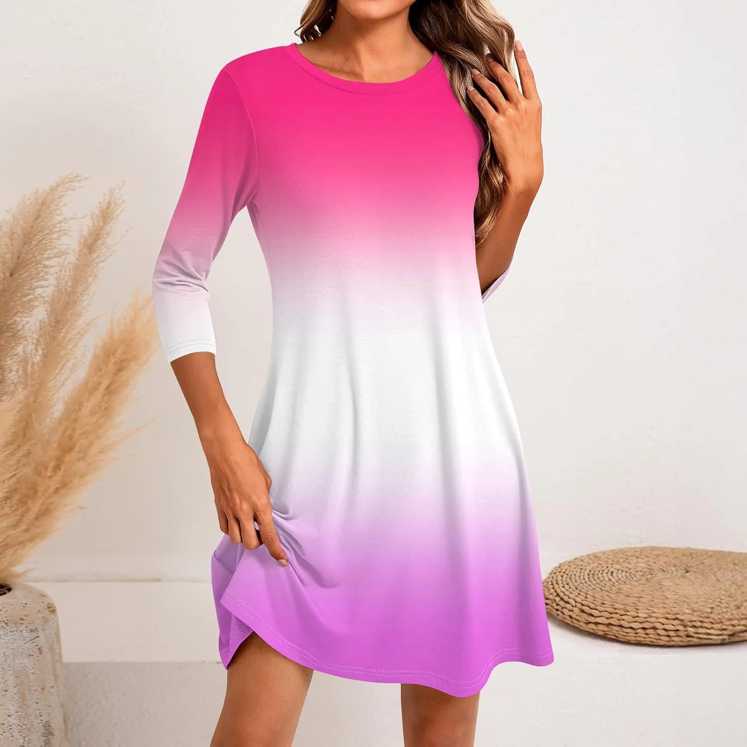 3/4 Sleeve Dress for Women T-Shirt Dresses Casual Crewneck Loose fit Swing Tunic Dresses Fall