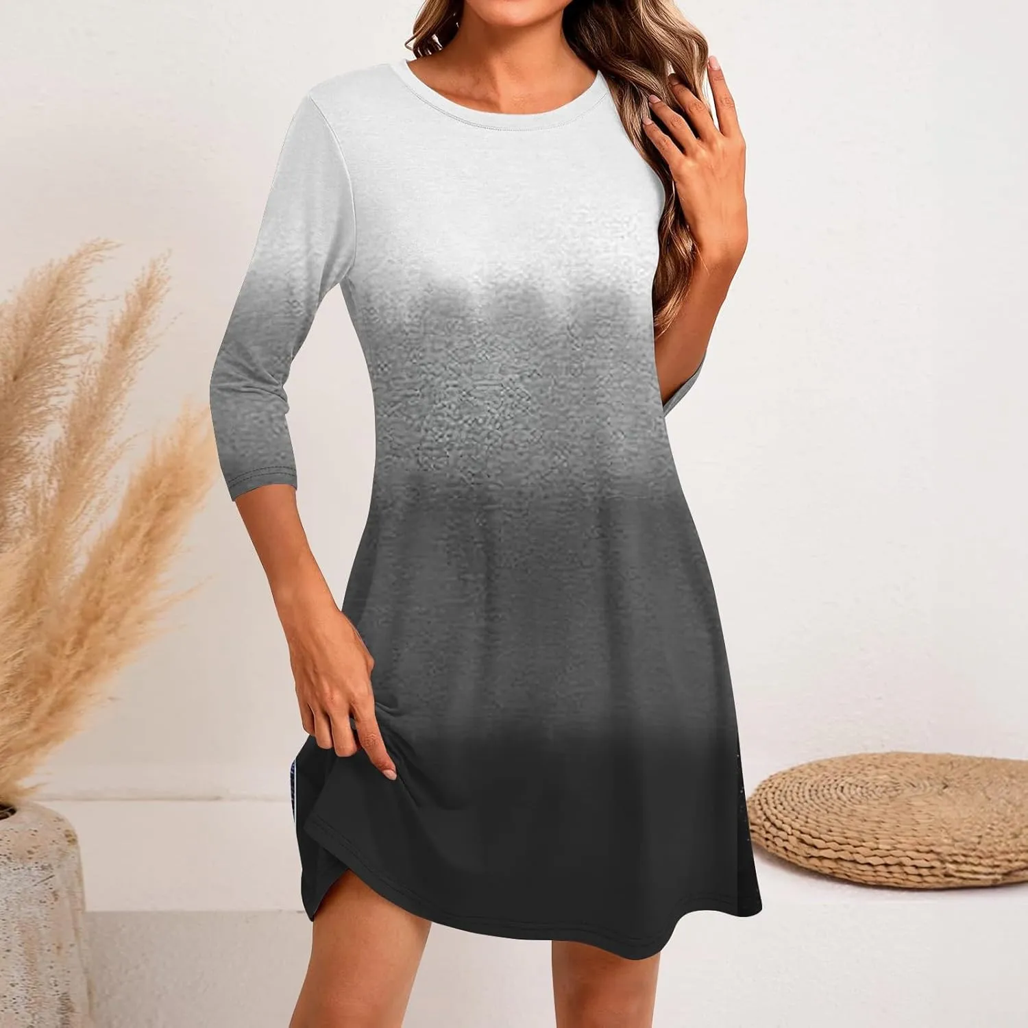 3/4 Sleeve Dress for Women T-Shirt Dresses Casual Crewneck Loose fit Swing Tunic Dresses Fall