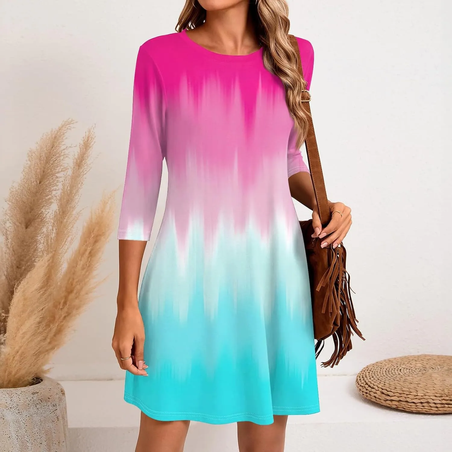 3/4 Sleeve Dress for Women T-Shirt Dresses Casual Crewneck Loose fit Swing Tunic Dresses Fall