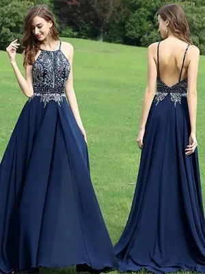 A-Line/Princess Sleeveless Halter Chiffon Beading Sweep/Brush Train Dresses