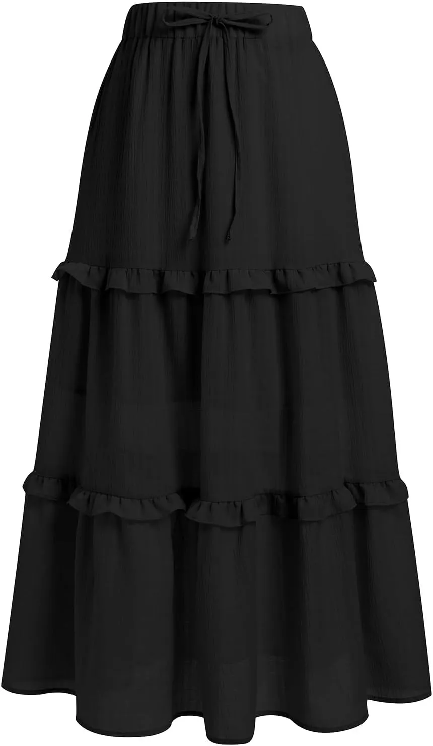 ABAFIP Women's Flowy Maxi Long Skirt Summer Elastic High Waisted Ruffle Tiered A-Line Beach Skirts