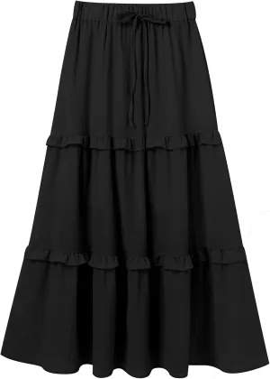 ABAFIP Women's Flowy Maxi Long Skirt Summer Elastic High Waisted Ruffle Tiered A-Line Beach Skirts