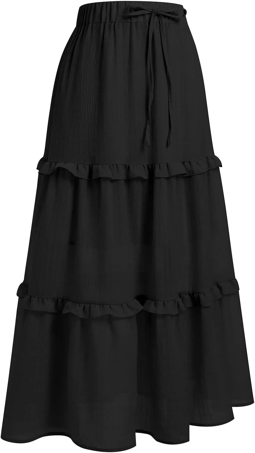 ABAFIP Women's Flowy Maxi Long Skirt Summer Elastic High Waisted Ruffle Tiered A-Line Beach Skirts