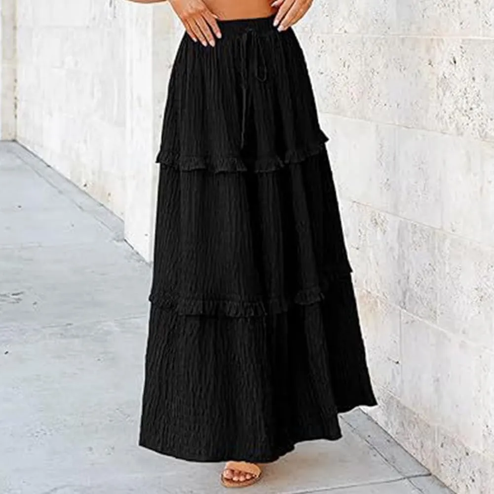 ABAFIP Women's Flowy Maxi Long Skirt Summer Elastic High Waisted Ruffle Tiered A-Line Beach Skirts