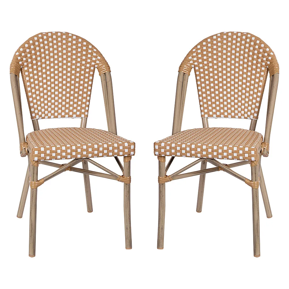 Alamont Home - Lourdes 2 Pack All-Weather Commercial Paris Chairs with Bamboo Print Frame - Natural & White/Light Natural Frame