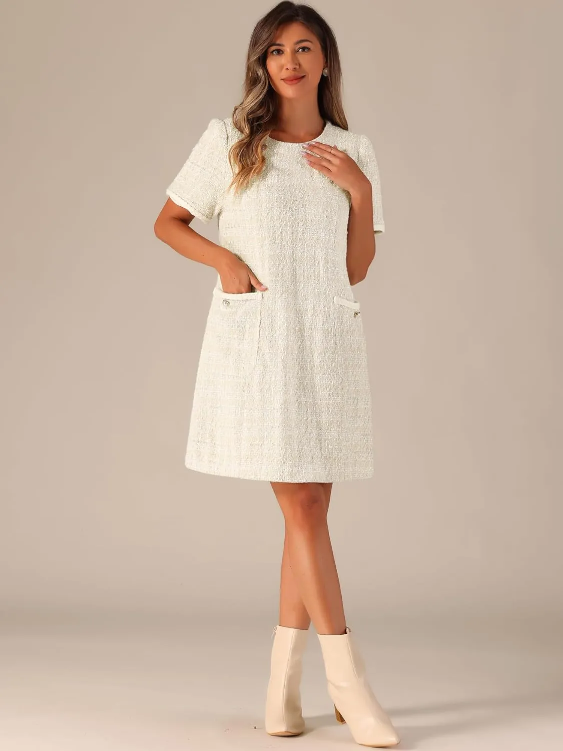 Allegra K Tweed Dress for Women's Short Sleeve A-Line Vintage Mini Shift Dresses