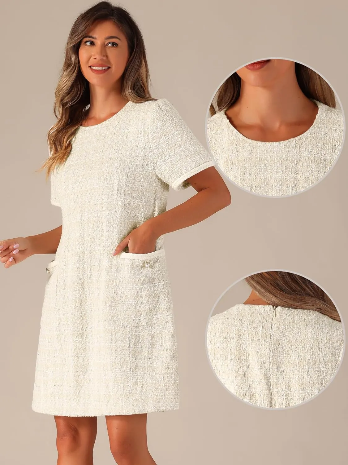 Allegra K Tweed Dress for Women's Short Sleeve A-Line Vintage Mini Shift Dresses