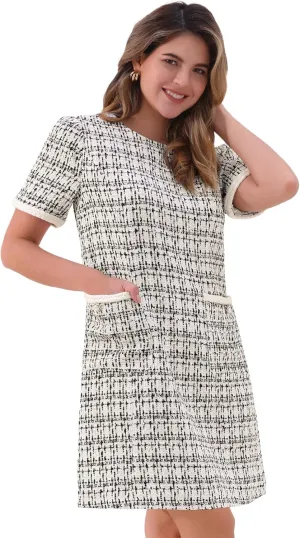 Allegra K Tweed Dress for Women's Short Sleeve A-Line Vintage Mini Shift Dresses