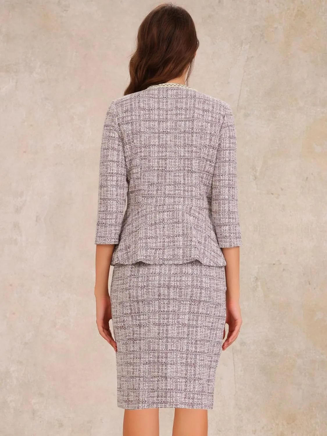 Allegra K Women's 2 Piece Tweed Skirt Set Suit 3/4 Sleeve Jacket Pencil Skirt Elegant Business Suits for Women