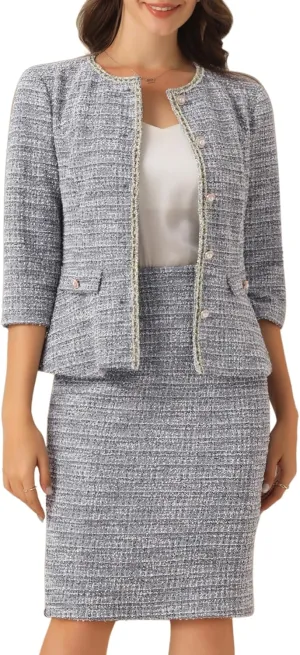 Allegra K Women's 2 Piece Tweed Skirt Set Suit 3/4 Sleeve Jacket Pencil Skirt Elegant Business Suits for Women