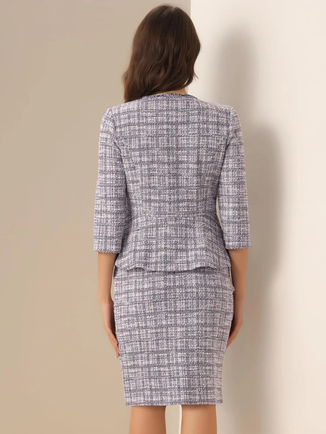 Allegra K Women's 2 Piece Tweed Skirt Set Suit 3/4 Sleeve Jacket Pencil Skirt Elegant Business Suits for Women