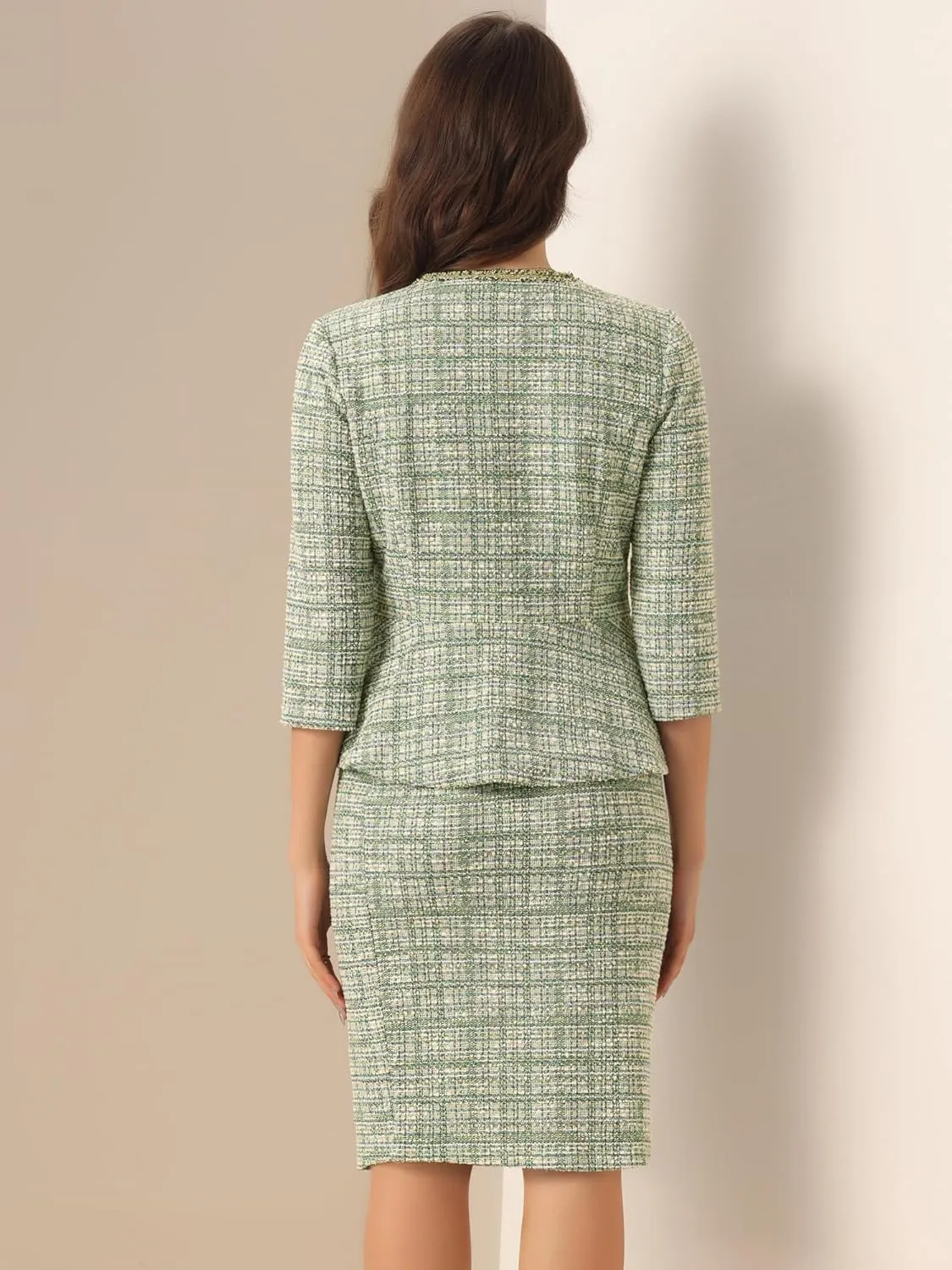 Allegra K Women's 2 Piece Tweed Skirt Set Suit 3/4 Sleeve Jacket Pencil Skirt Elegant Business Suits for Women