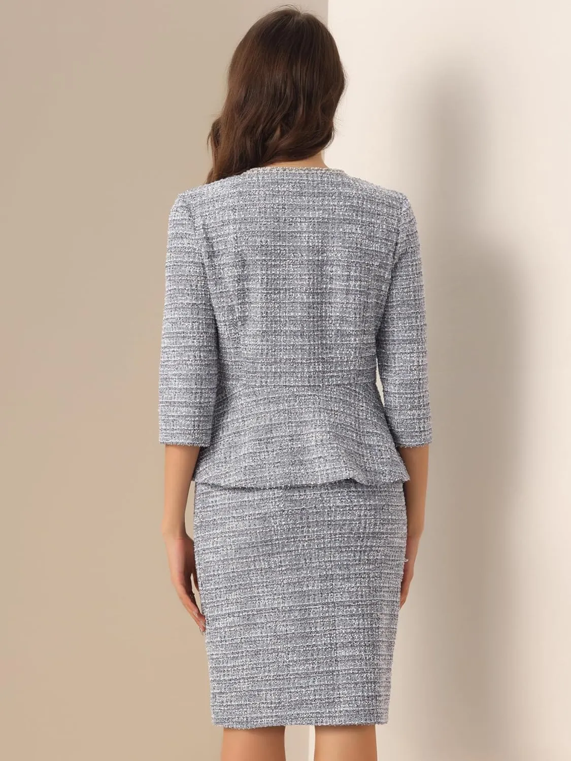 Allegra K Women's 2 Piece Tweed Skirt Set Suit 3/4 Sleeve Jacket Pencil Skirt Elegant Business Suits for Women