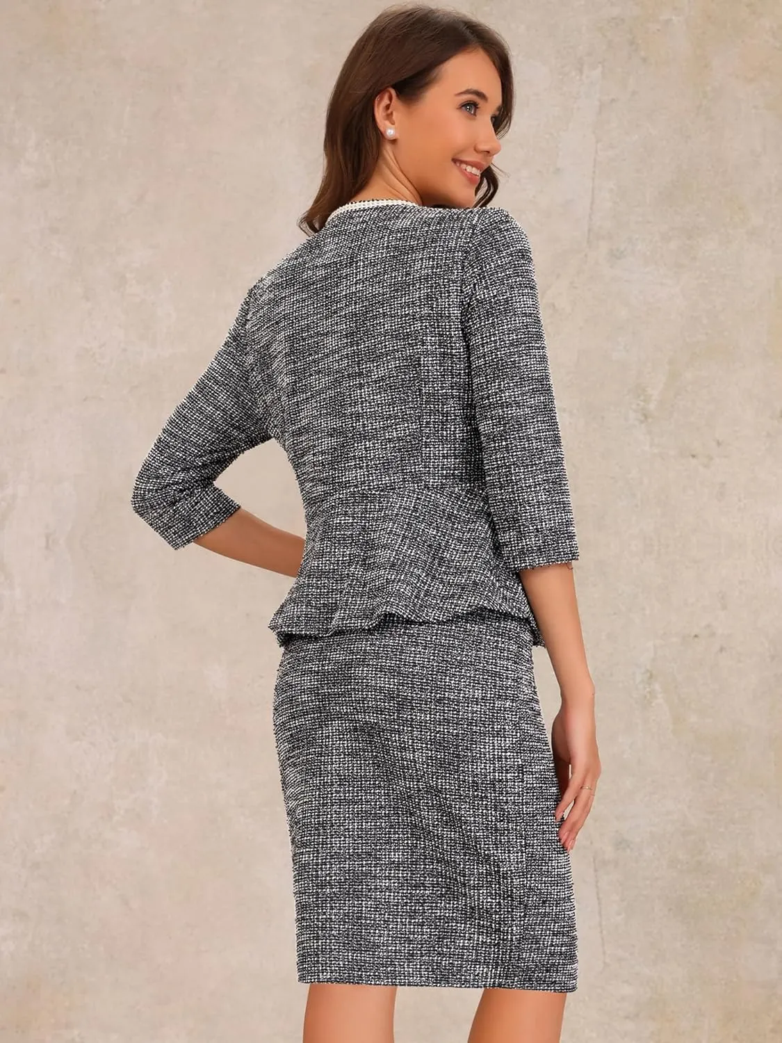 Allegra K Women's 2 Piece Tweed Skirt Set Suit 3/4 Sleeve Jacket Pencil Skirt Elegant Business Suits for Women