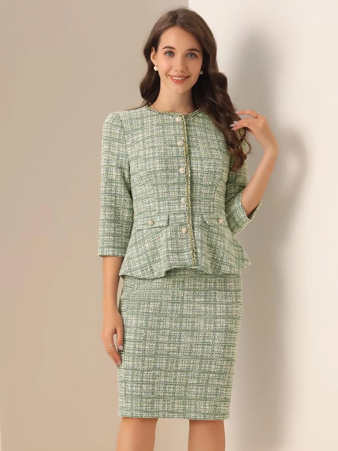 Allegra K Women's 2 Piece Tweed Skirt Set Suit 3/4 Sleeve Jacket Pencil Skirt Elegant Business Suits for Women