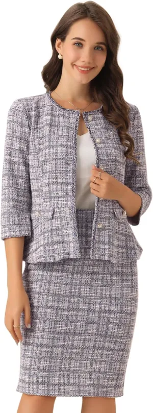 Allegra K Women's 2 Piece Tweed Skirt Set Suit 3/4 Sleeve Jacket Pencil Skirt Elegant Business Suits for Women