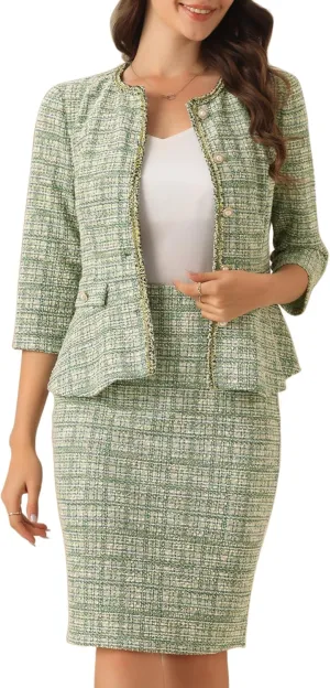 Allegra K Women's 2 Piece Tweed Skirt Set Suit 3/4 Sleeve Jacket Pencil Skirt Elegant Business Suits for Women