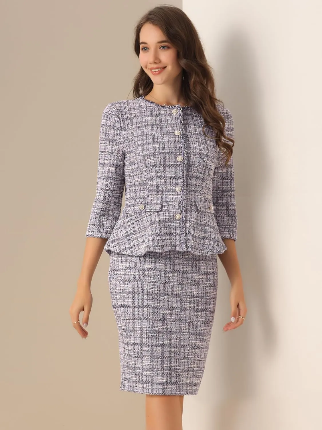 Allegra K Women's 2 Piece Tweed Skirt Set Suit 3/4 Sleeve Jacket Pencil Skirt Elegant Business Suits for Women