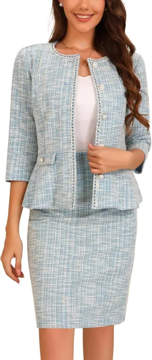 Allegra K Women's 2 Piece Tweed Skirt Set Suit 3/4 Sleeve Jacket Pencil Skirt Elegant Business Suits for Women