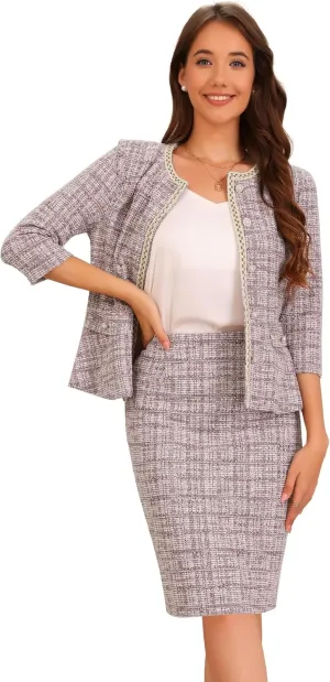 Allegra K Women's 2 Piece Tweed Skirt Set Suit 3/4 Sleeve Jacket Pencil Skirt Elegant Business Suits for Women