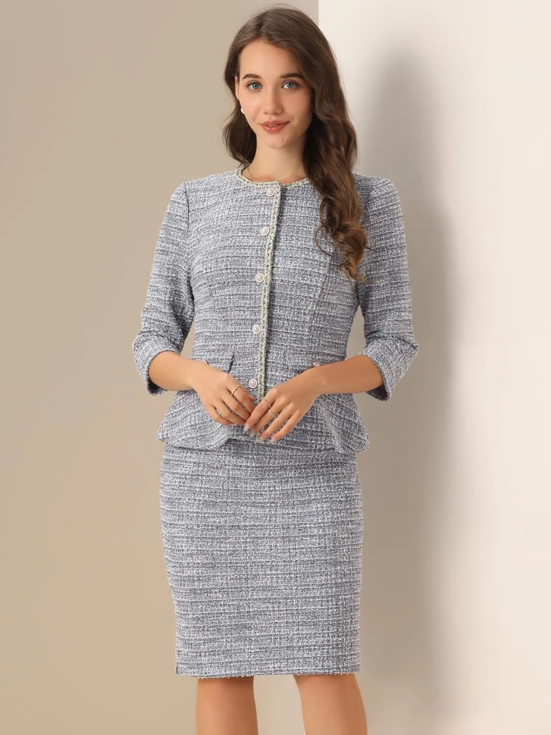 Allegra K Women's 2 Piece Tweed Skirt Set Suit 3/4 Sleeve Jacket Pencil Skirt Elegant Business Suits for Women