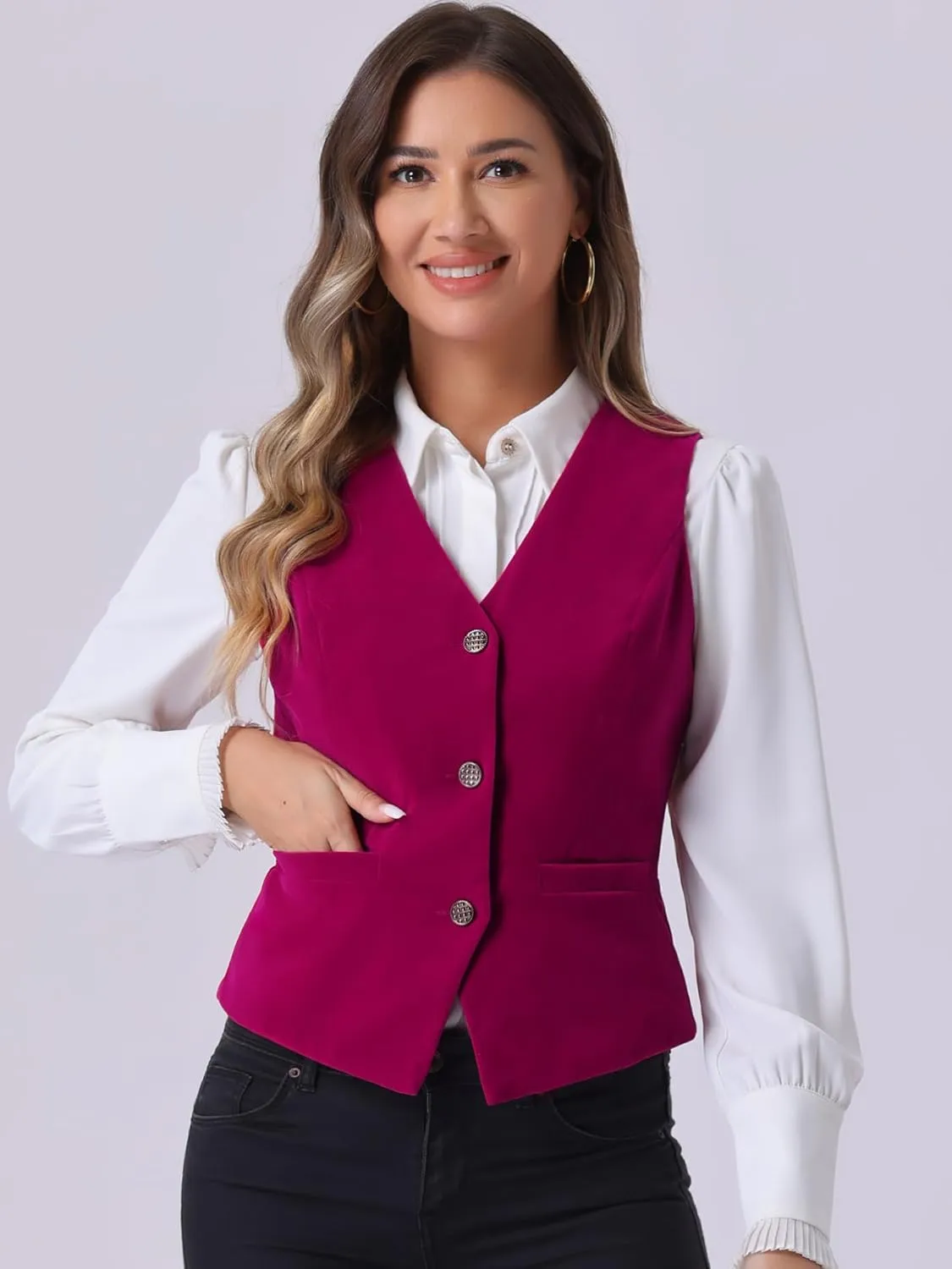 Allegra K Women's Waistcoat Steampunk Velvet Christmas Sleeveless Button Down V-Neck Suit Vests