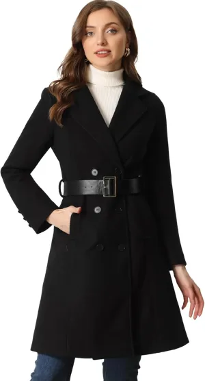 Allegra K Women's Winter Trench Coats Double Breasted Lapel Collar with Belt Long Pea Coat
