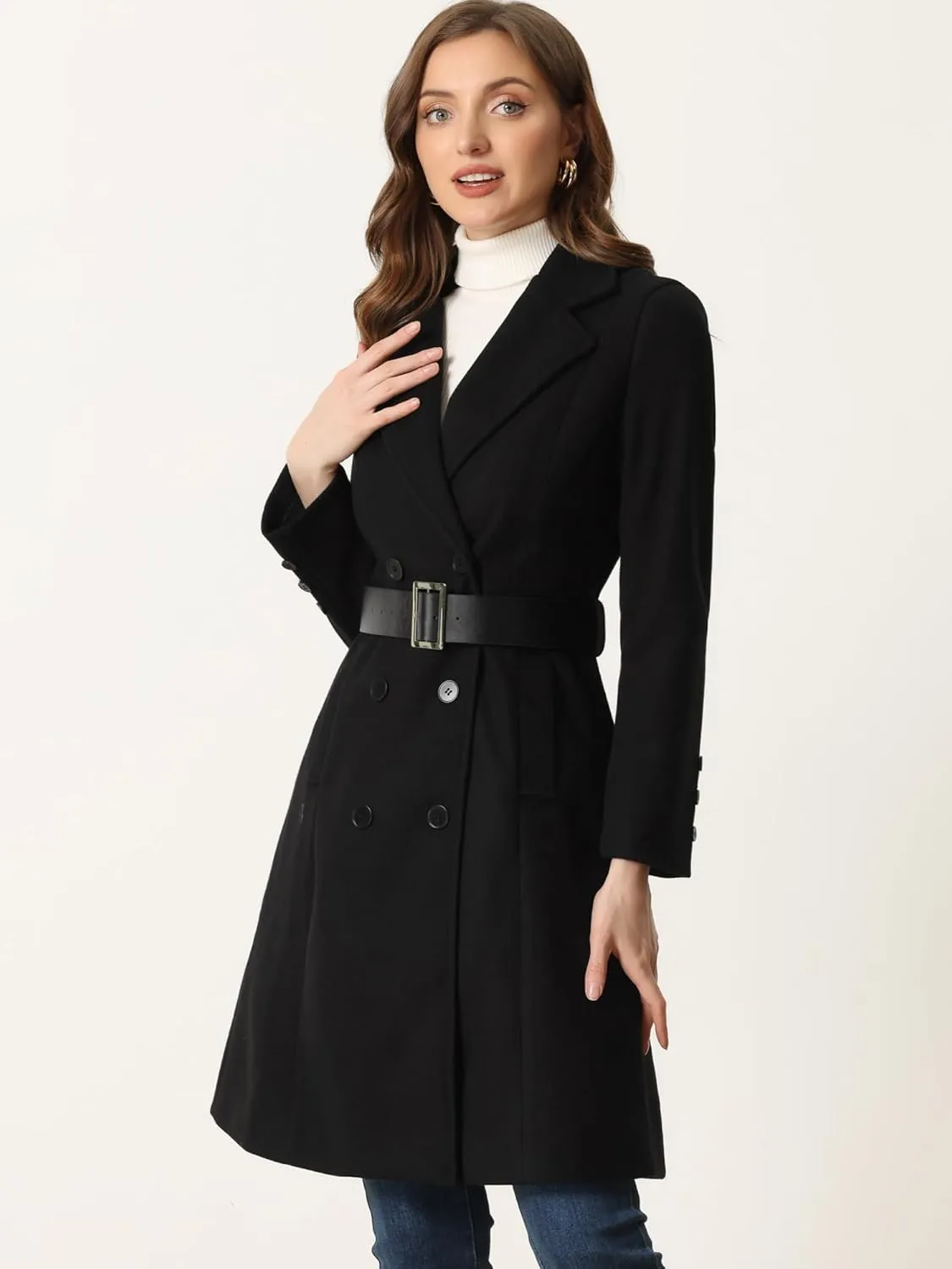 Allegra K Women's Winter Trench Coats Double Breasted Lapel Collar with Belt Long Pea Coat