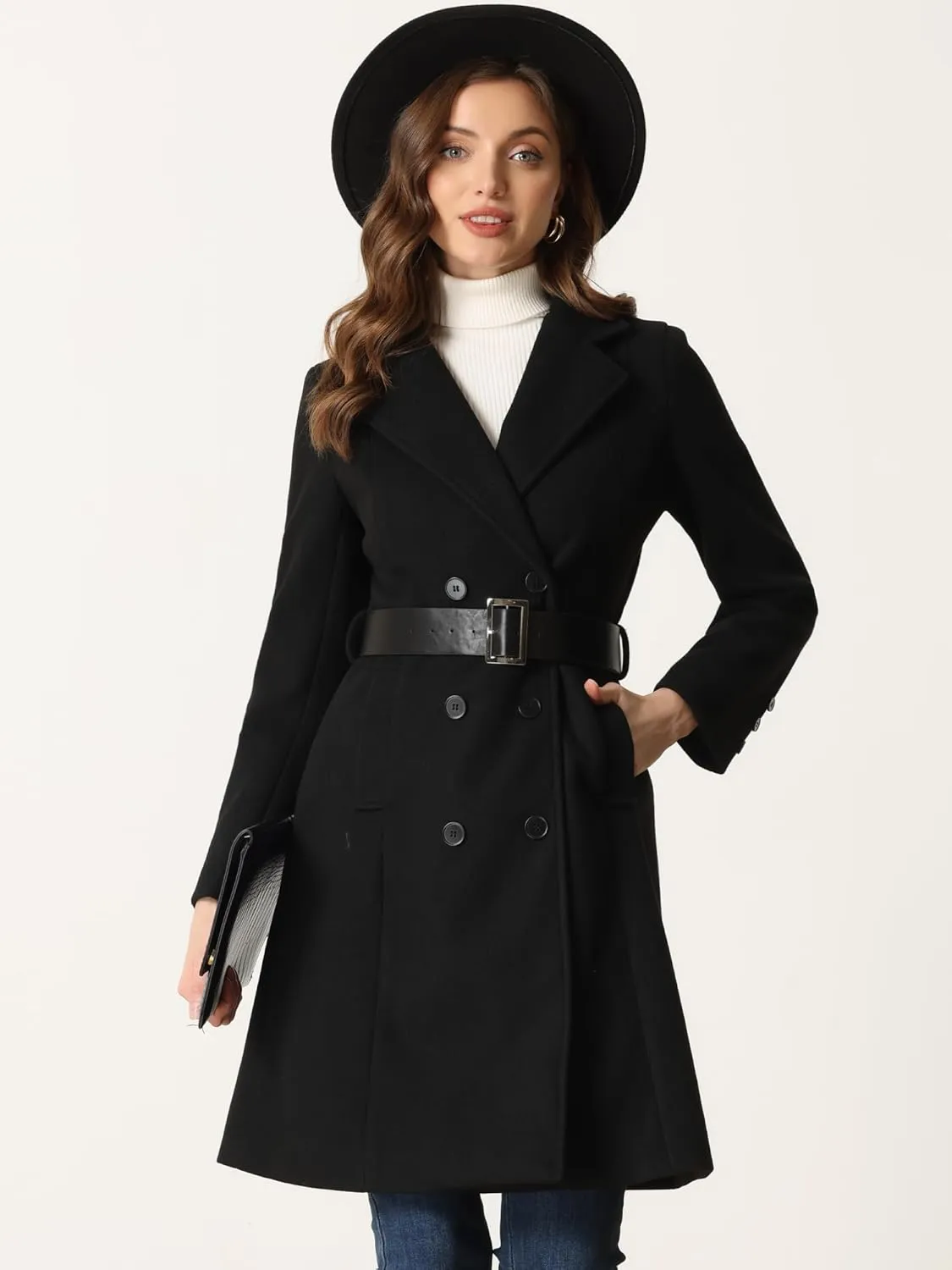 Allegra K Women's Winter Trench Coats Double Breasted Lapel Collar with Belt Long Pea Coat