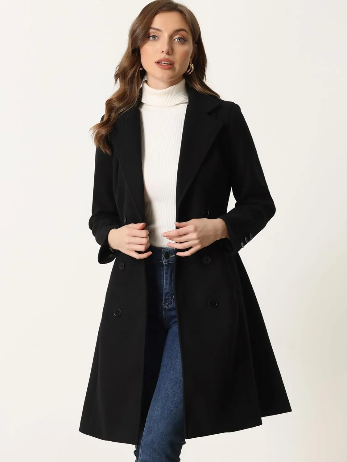 Allegra K Women's Winter Trench Coats Double Breasted Lapel Collar with Belt Long Pea Coat
