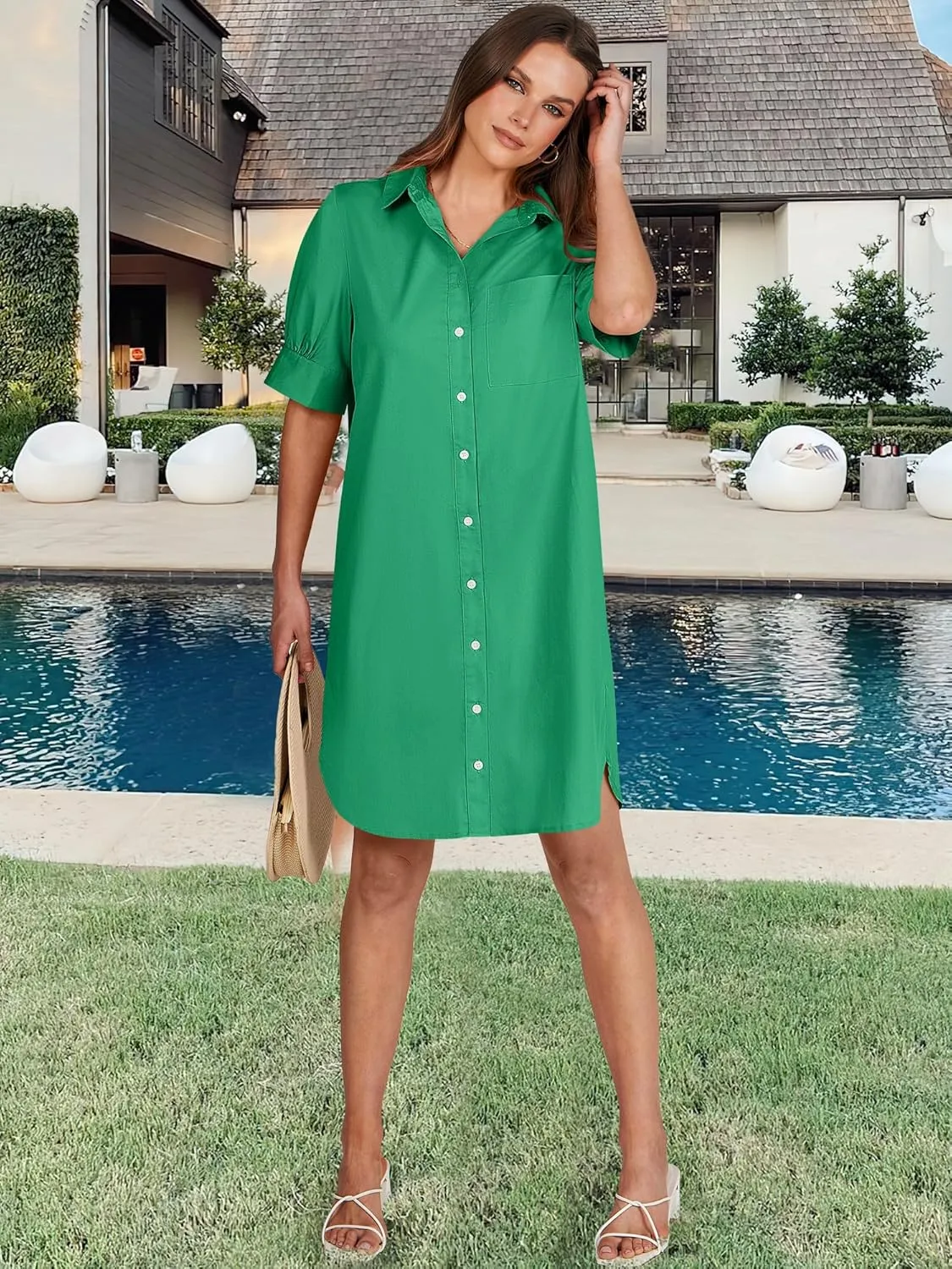 ANRABESS Womens Button Down Shirt Dress Summer Short Sleeve Business Casual Shift Dresses with Pockets 2025 Trendy