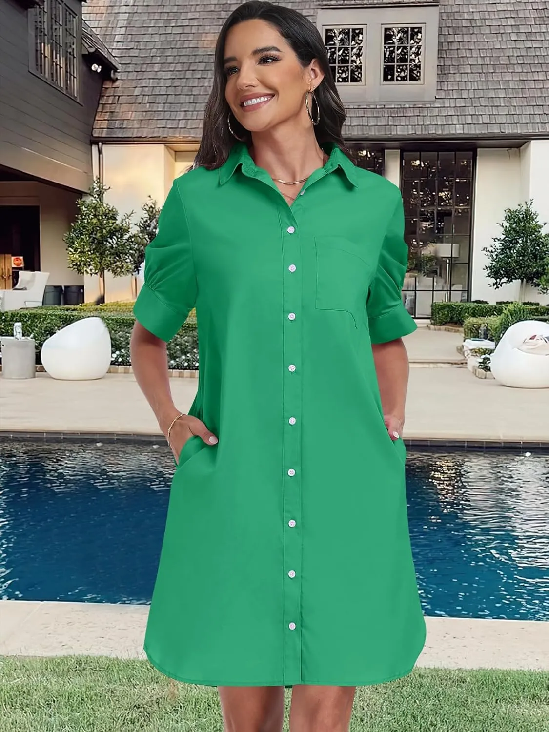 ANRABESS Womens Button Down Shirt Dress Summer Short Sleeve Business Casual Shift Dresses with Pockets 2025 Trendy