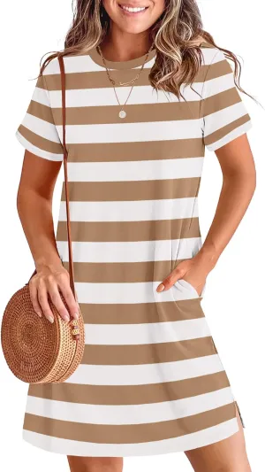 ANRABESS Women's Summer Casual T Shirt Dresses Short Sleeve Crewneck Striped Mini Shift Dress 2025 Beach Vacation Outfits