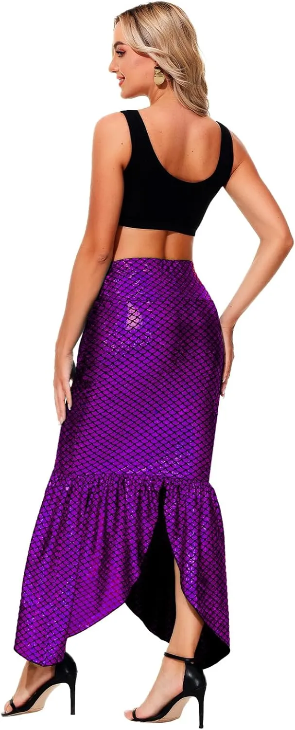 AOBUTE Women Mermaid Costume Skirt Shiny Maxi Fish Skirts Halloween Cosplay Outfits