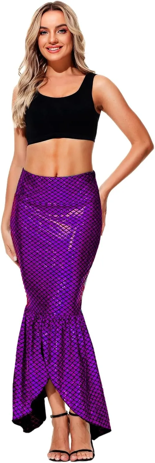 AOBUTE Women Mermaid Costume Skirt Shiny Maxi Fish Skirts Halloween Cosplay Outfits