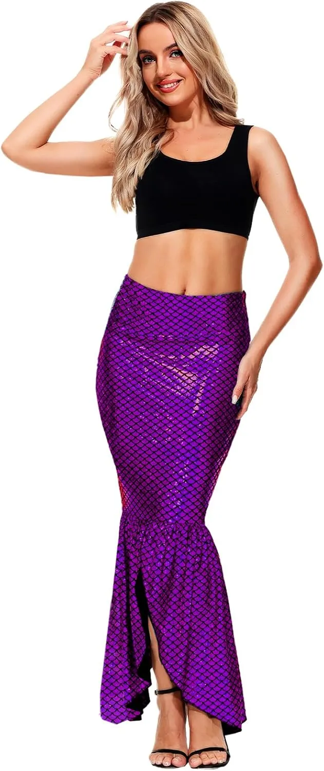 AOBUTE Women Mermaid Costume Skirt Shiny Maxi Fish Skirts Halloween Cosplay Outfits