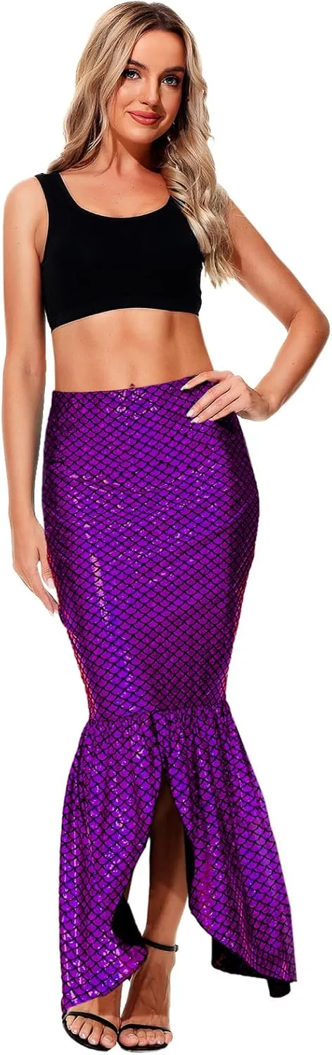 AOBUTE Women Mermaid Costume Skirt Shiny Maxi Fish Skirts Halloween Cosplay Outfits
