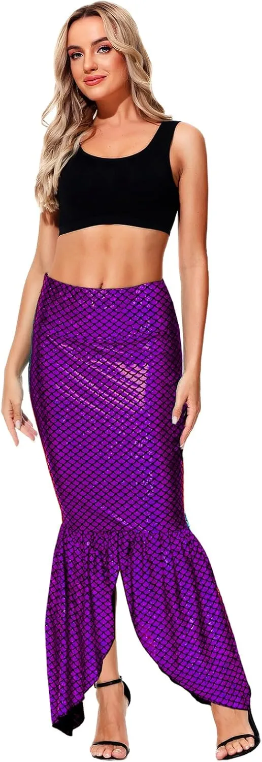 AOBUTE Women Mermaid Costume Skirt Shiny Maxi Fish Skirts Halloween Cosplay Outfits