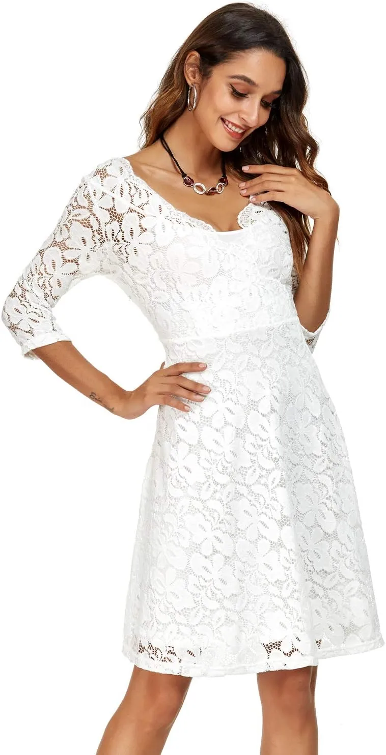 Atnlewhi Womens Vintage Lace Floral Off Shoulder Elegant Swing Dresses A-line Mini Dress for Party Cocktail Wedding