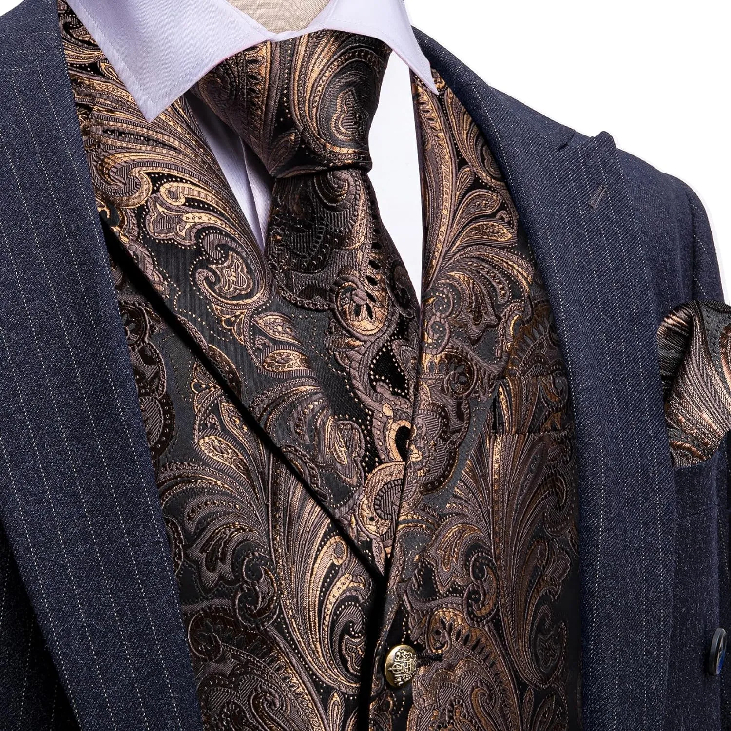 Barry.Wang Mens Silk Lapel/Shawl Collar Vest Tie Sleeve Holder Set Formal/Casual Paisley Vests Wedding Tuxedo Waistcoat